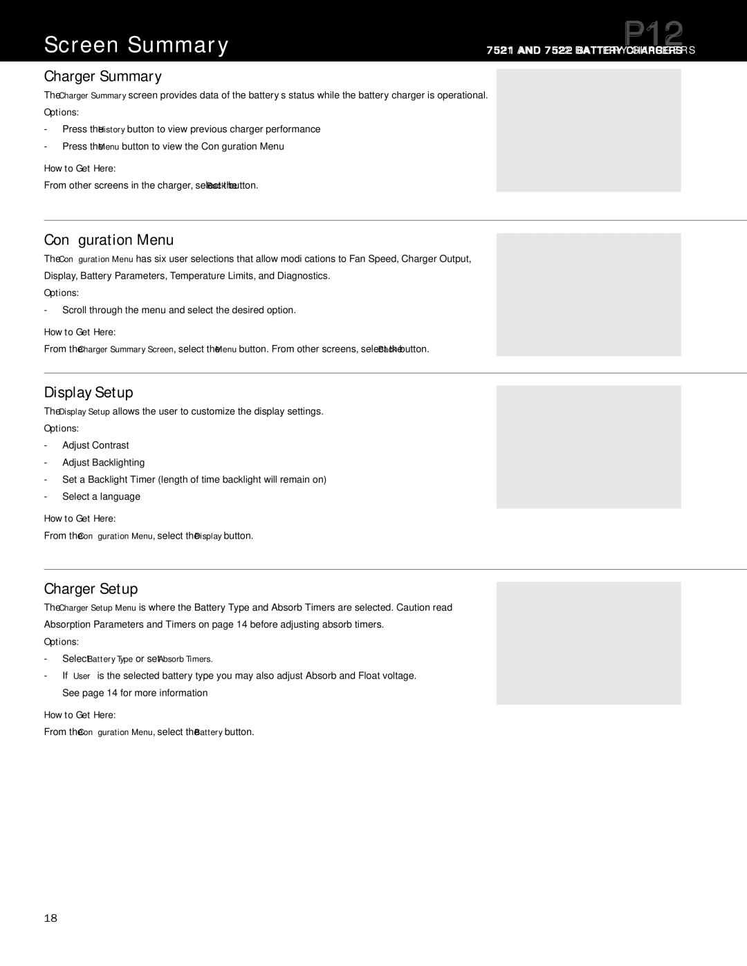 Blue Sea Systems P12 user manual Screen Summary, Charger Summary, Configuration Menu, Display Setup, Charger Setup 