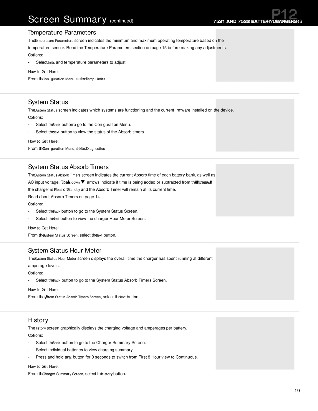 Blue Sea Systems P12 user manual Temperature Parameters, System Status Absorb Timers, System Status Hour Meter, History 