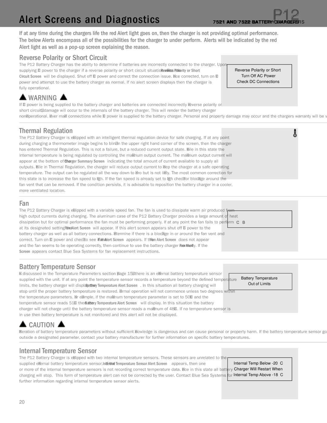 Blue Sea Systems P12 user manual Alert Screens and Diagnostics 