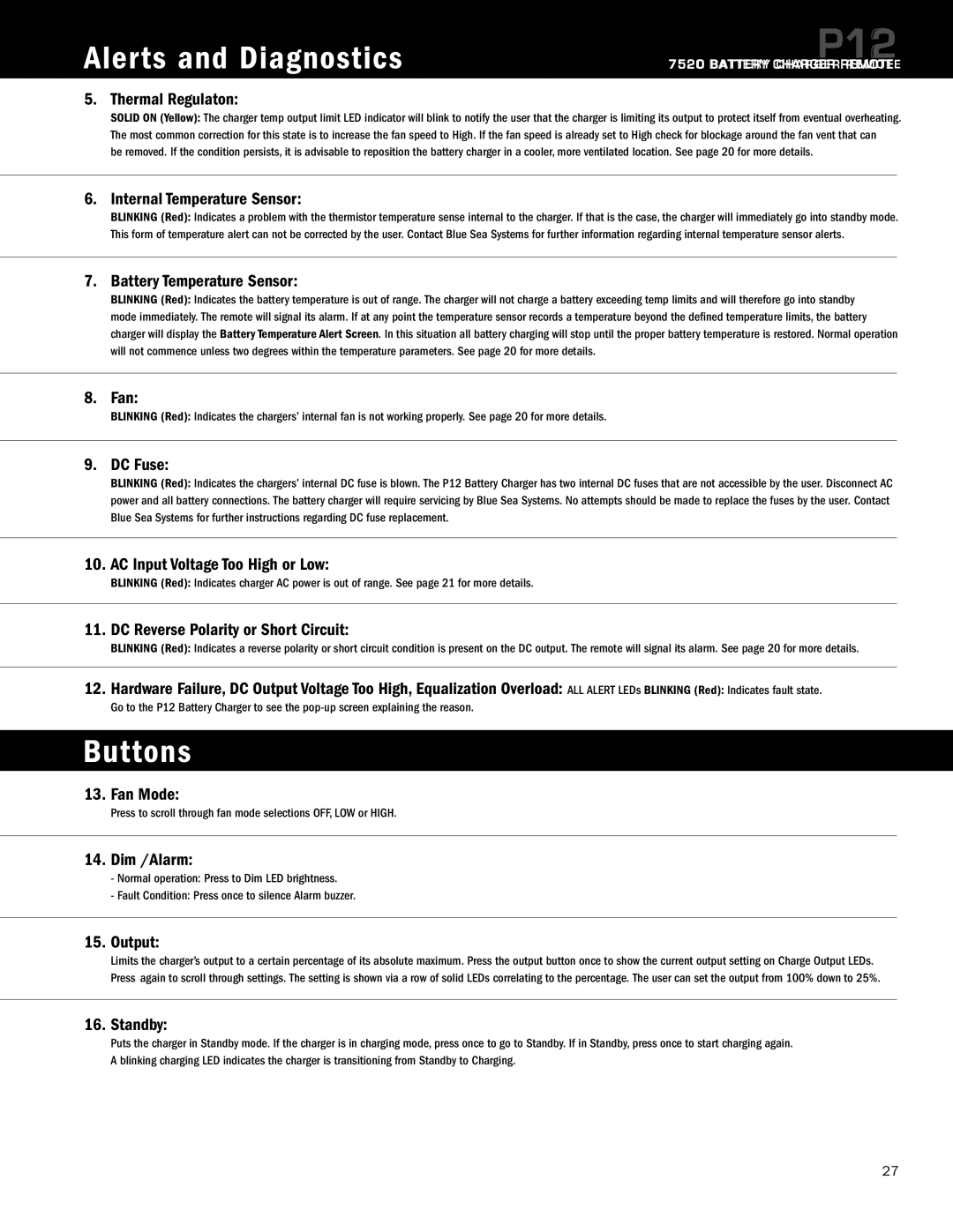 Blue Sea Systems P12 user manual Alerts and Diagnostics, Buttons 