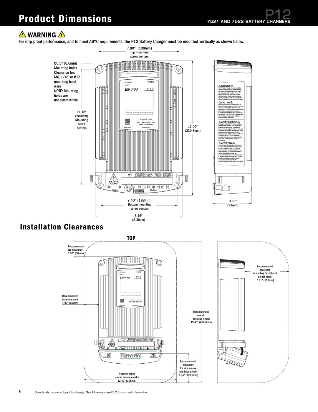 Blue Sea Systems P12 user manual Product Dimensions, Installation Clearances 