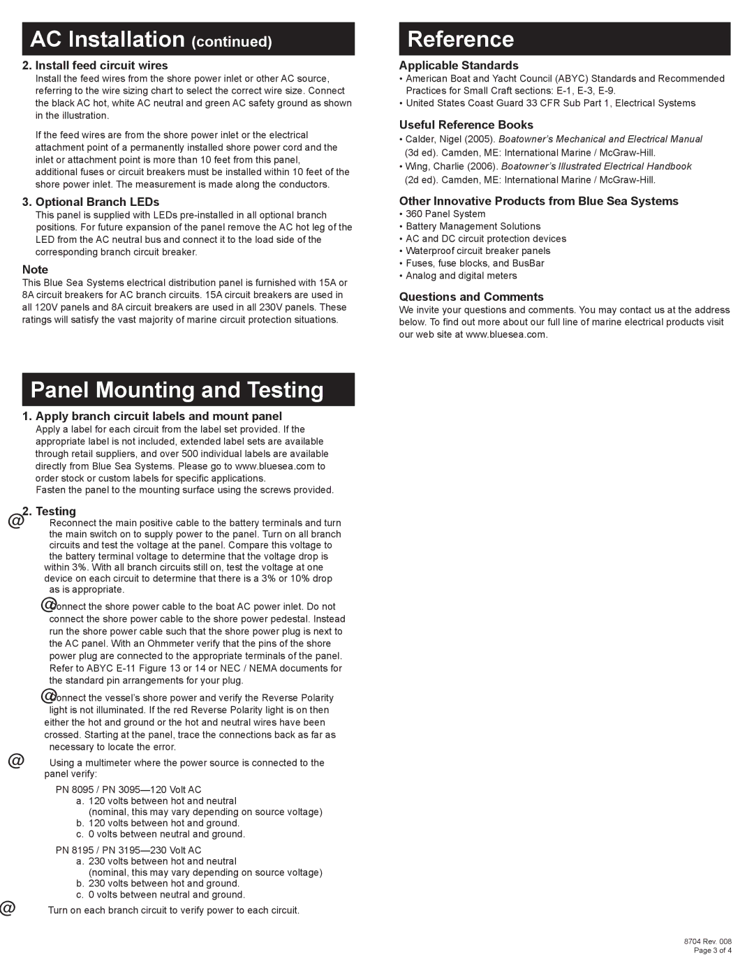 Blue Sea Systems PN 3095, PN 3195, PN 8195, PN 8095 dimensions Panel Mounting and Testing, Reference 