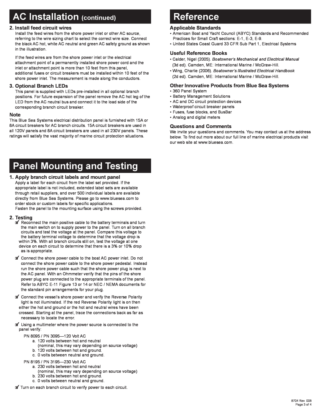 Blue Sea Systems PN 3095 AC Installation continued, Panel Mounting and Testing, Reference, Install feed circuit wires 