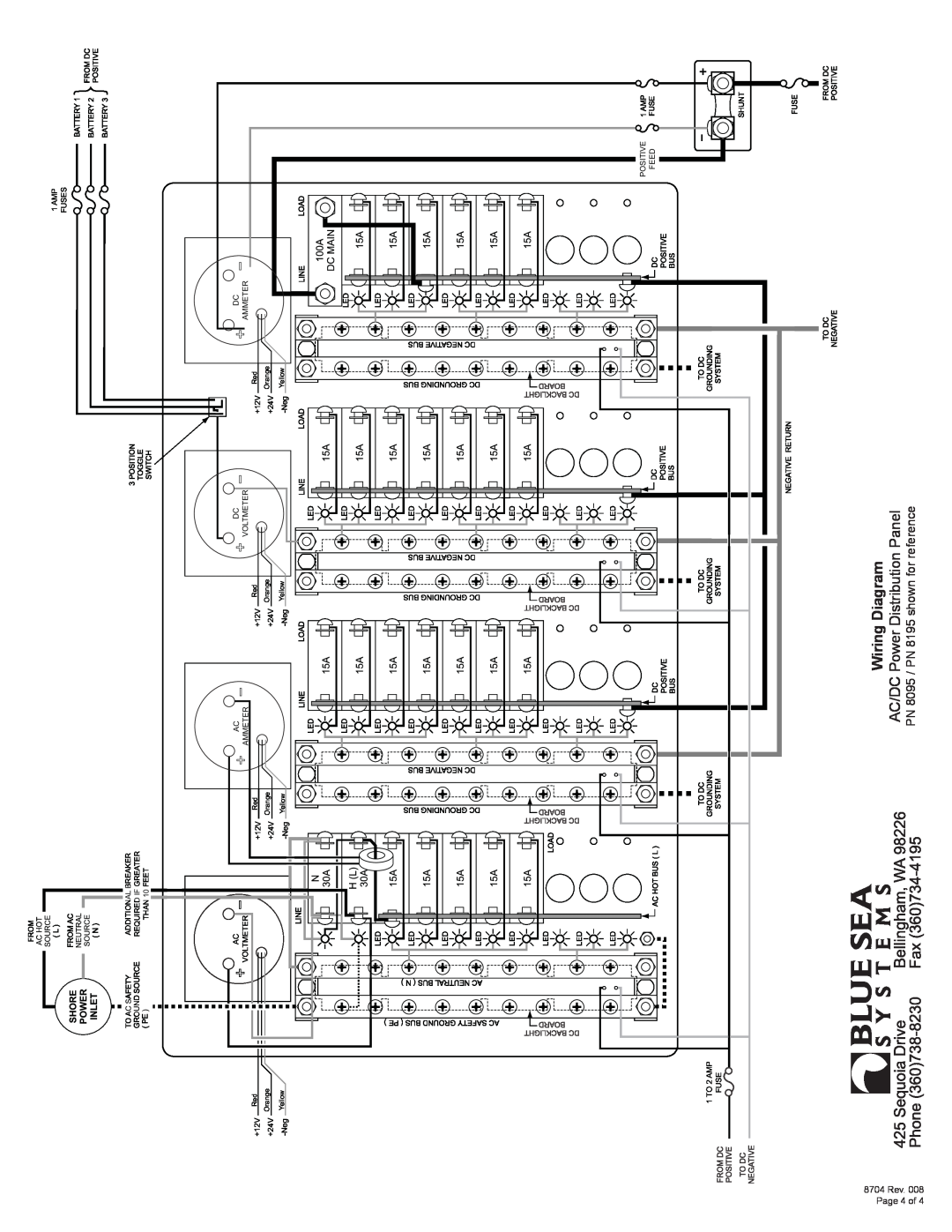 Blue Sea Systems PN 3195, PN 8195, PN 8095, PN 3095 dimensions Wiring Diagram, AC/DC Power Distribution Panel, Page, 8704 Rev 