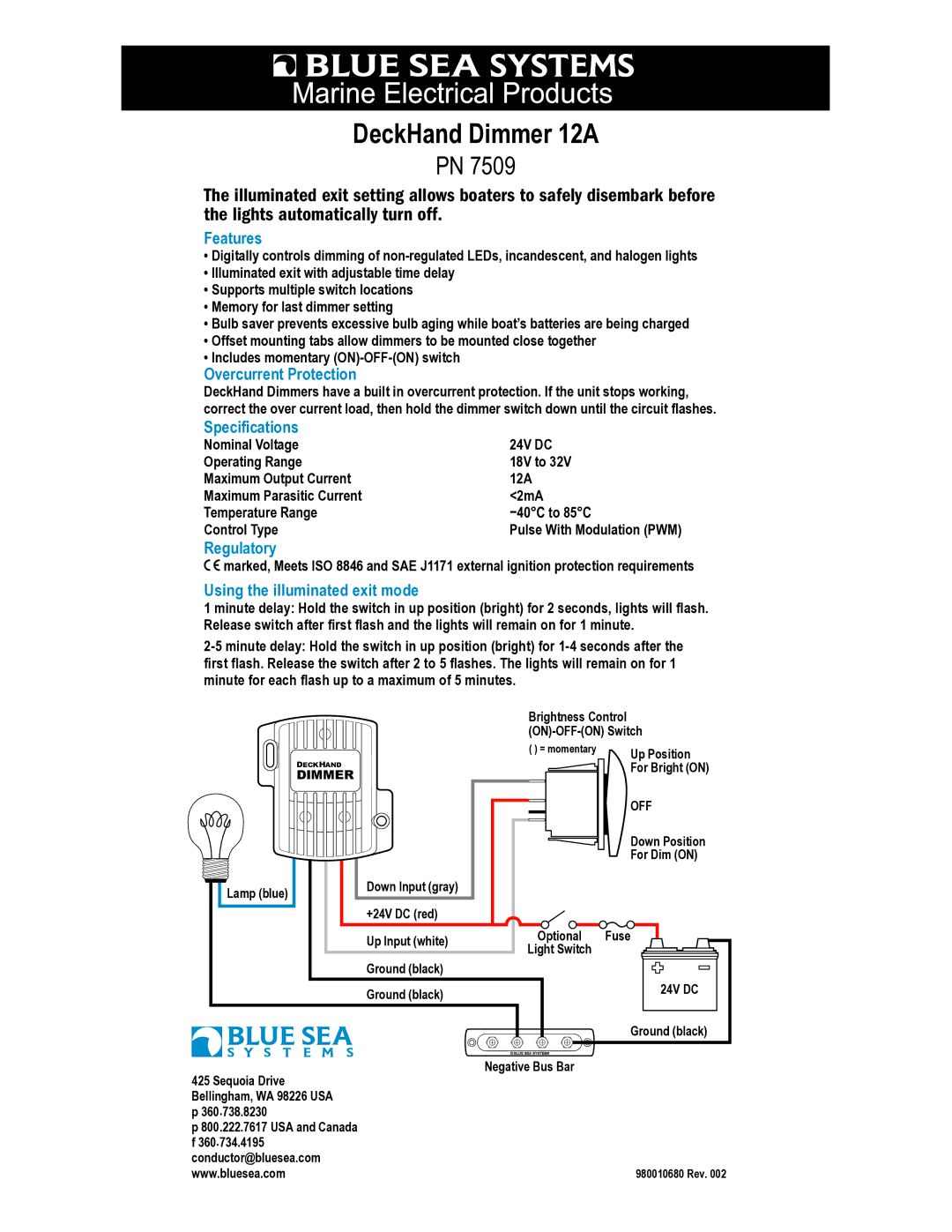 Blue Sea Systems Pn 7509 specifications DeckHand Dimmer 12A, Features, Specifications, Regulatory 