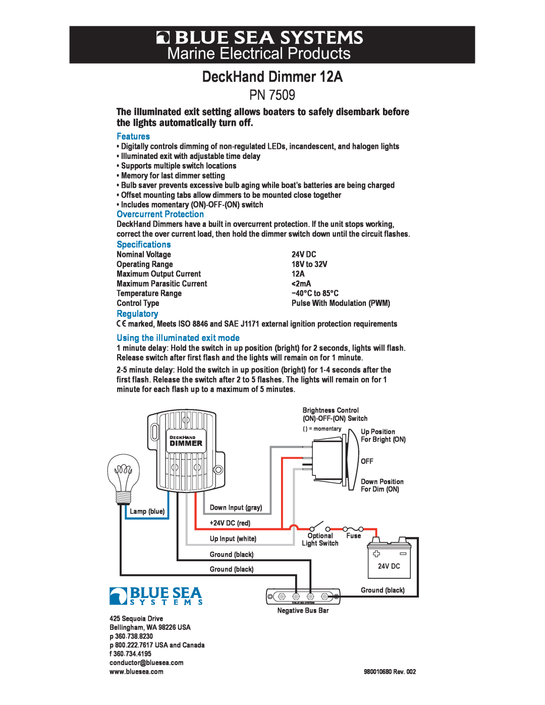 Blue Sea Systems Pn 7509 specifications DeckHand Dimmer 12A, Features, Specifications, Regulatory 