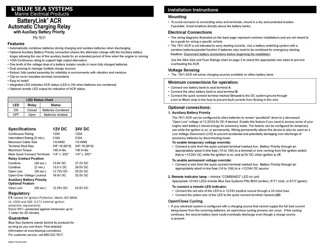 Blue Sea Systems 7611, PN 7511 installation instructions Installation Instructions 