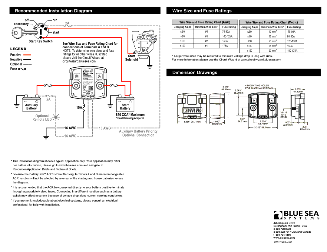 Blue Sea Systems PN 7511, 7611 Recommended Installation Diagram, Wire Size and Fuse Ratings, Dimension Drawings 