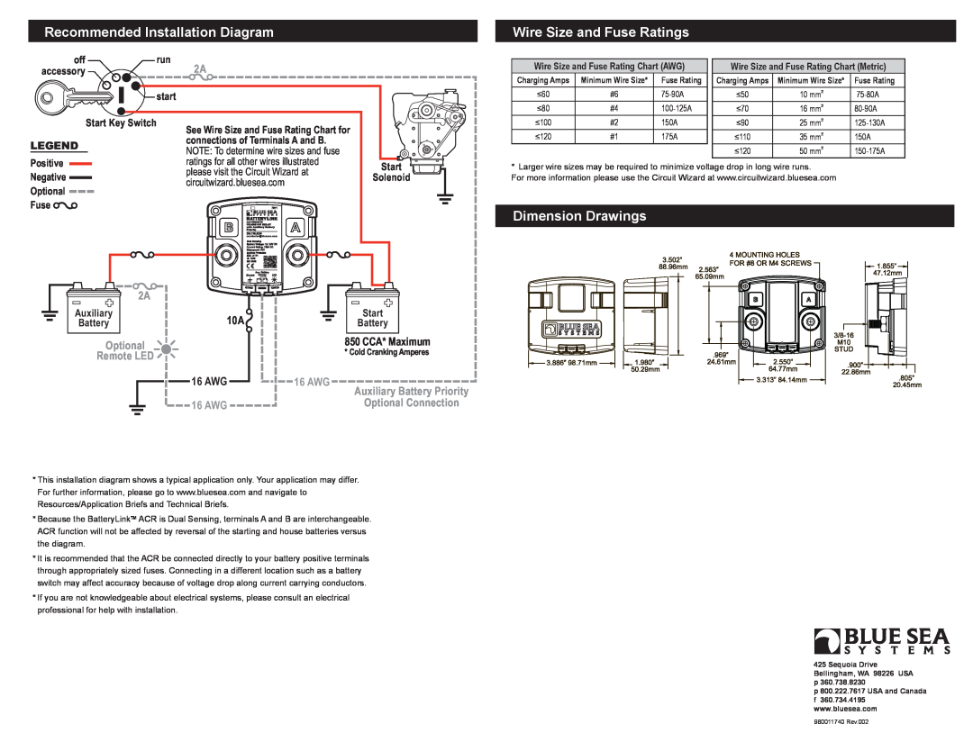 Blue Sea Systems PN 7511, 7611 Recommended Installation Diagram, Wire Size and Fuse Ratings, Dimension Drawings 