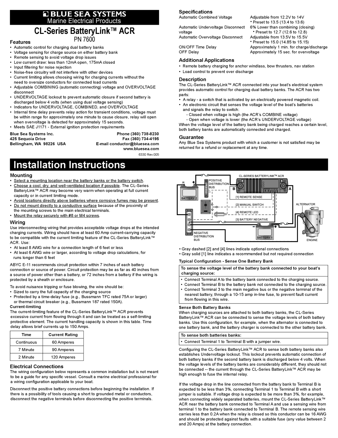 Blue Sea Systems PN 7600 installation instructions Features, Mounting, Wiring, Electrical Connections, Speciﬁcations 