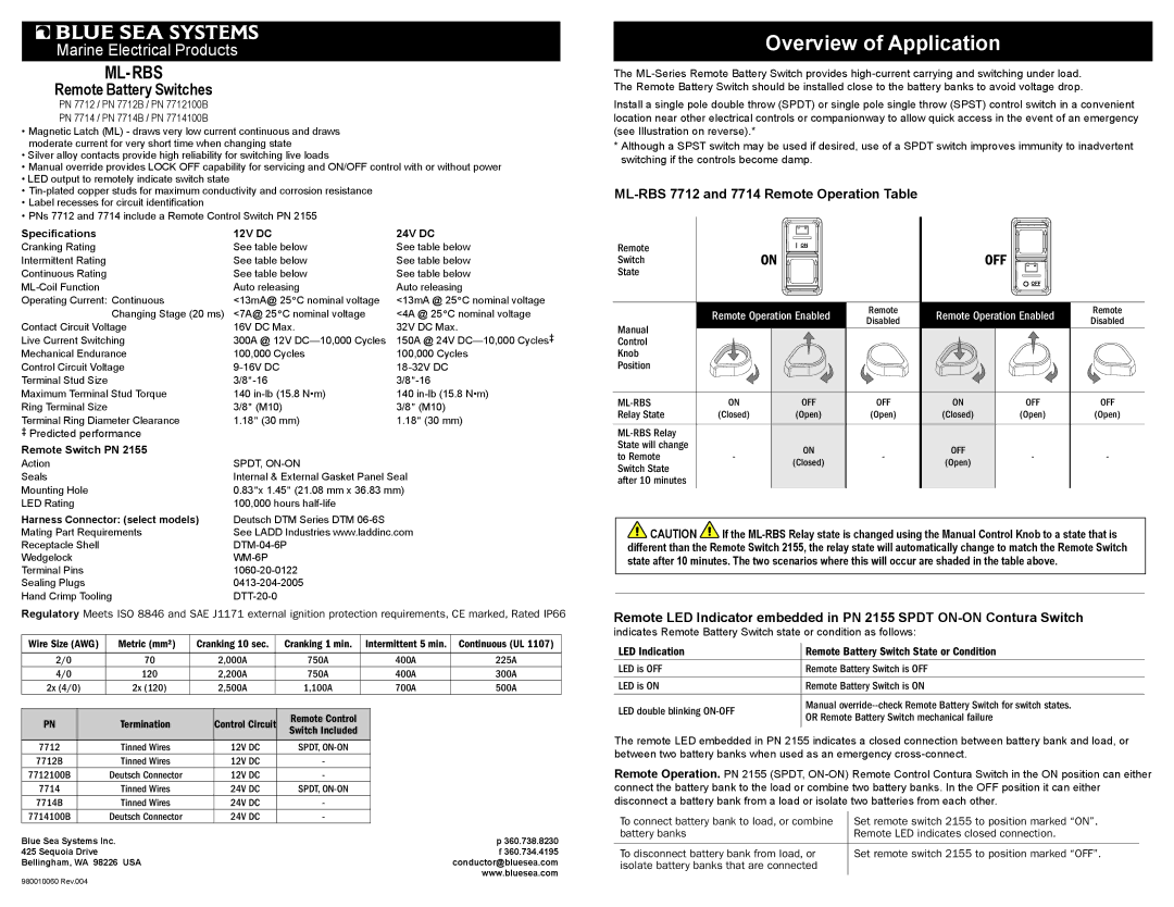 Blue Sea Systems PN 7714B, PN 7714100B manual ML-RBS 7712 and 7714 Remote Operation Table, Specifications 12V DC 24V DC 