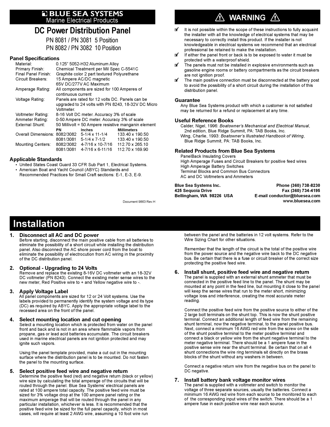 Blue Sea Systems PN 8081 specifications Panel Speciﬁcations, Applicable Standards, Disconnect all AC and DC power 