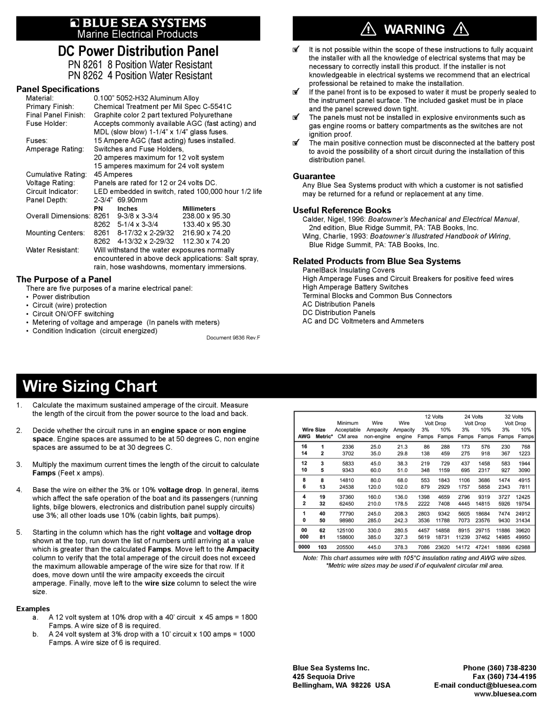 Blue Sea Systems PN 8261 specifications Wire Sizing Chart, DC Power Distribution Panel, Marine Electrical Products, Phone 