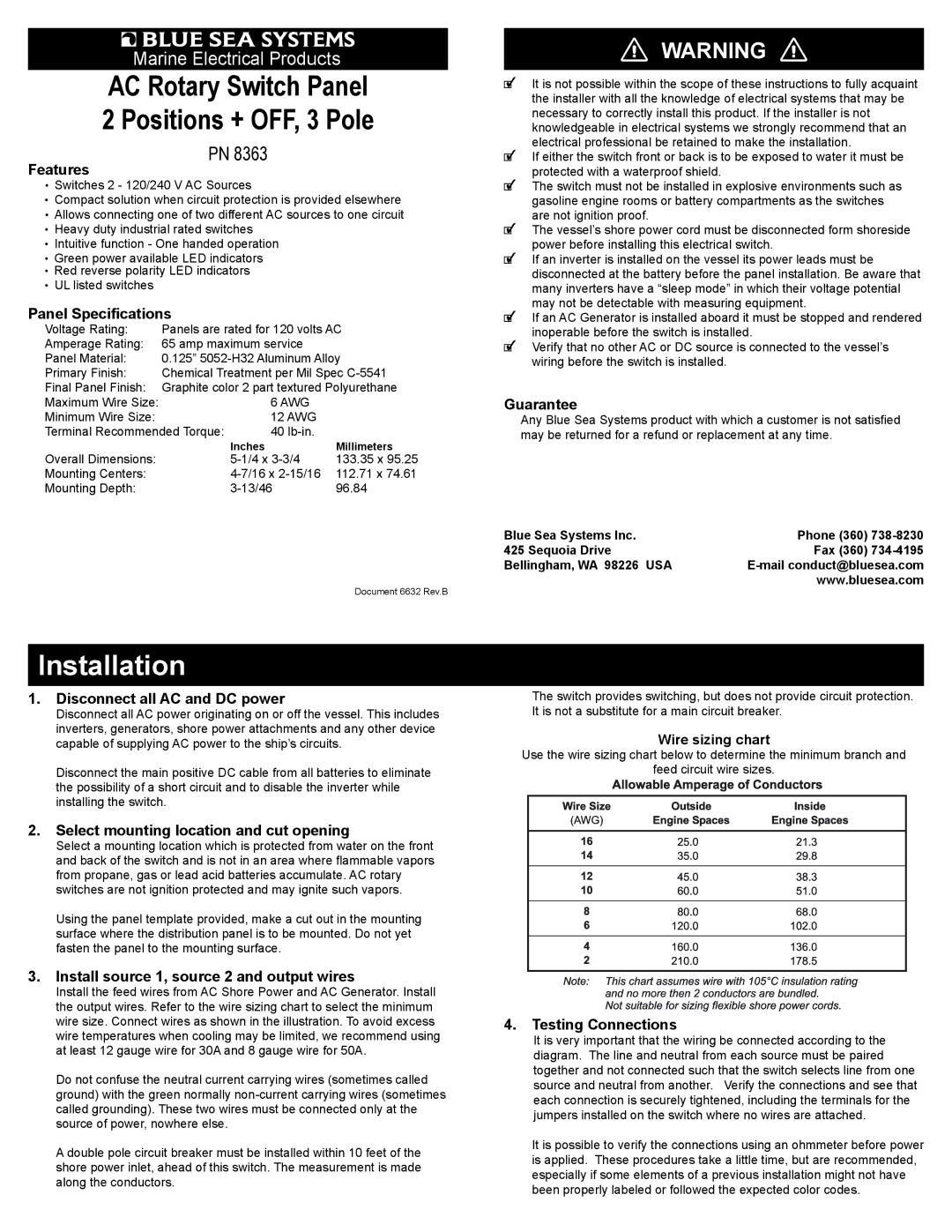 Blue Sea Systems PN 8363 specifications Features, Panel Speciﬁcations, Disconnect all AC and DC power, Guarantee 