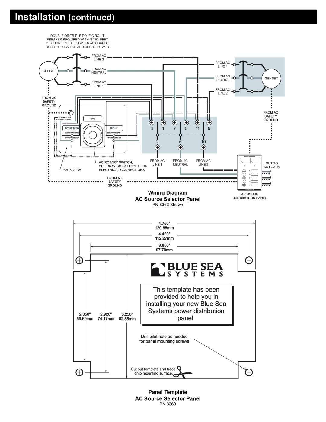 Blue Sea Systems PN 8363 specifications Wiring Diagram AC Source Selector Panel, Panel Template AC Source Selector Panel 