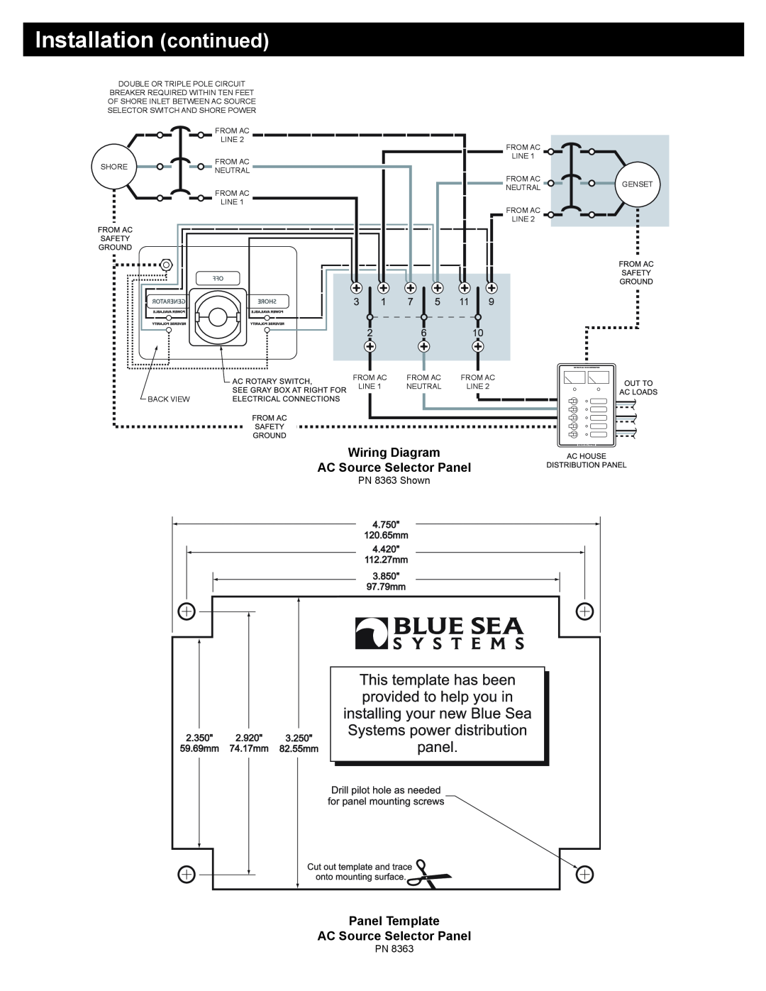 Blue Sea Systems Wiring Diagram AC Source Selector Panel, Panel Template AC Source Selector Panel, PN 8363 Shown 