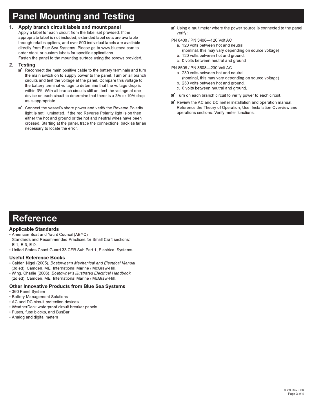 Blue Sea Systems PN 8408 dimensions Panel Mounting and Testing, Reference 