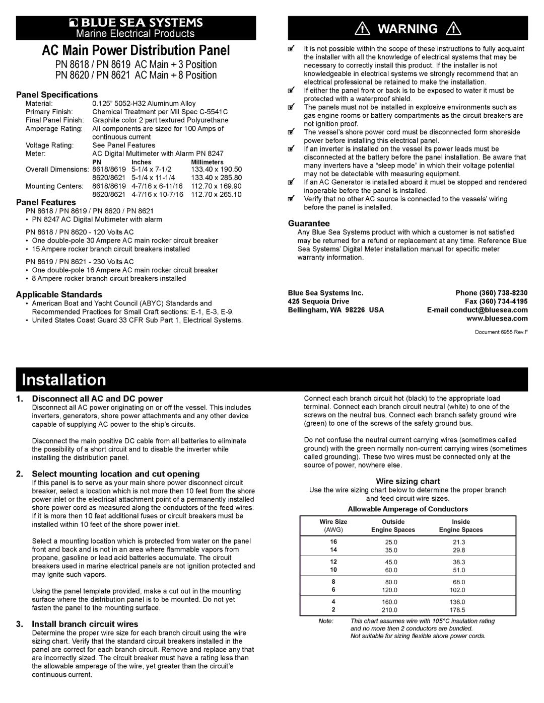 Blue Sea Systems PN 8620, PN 8618 specifications Panel Speciﬁcations, Panel Features, Applicable Standards, Guarantee 