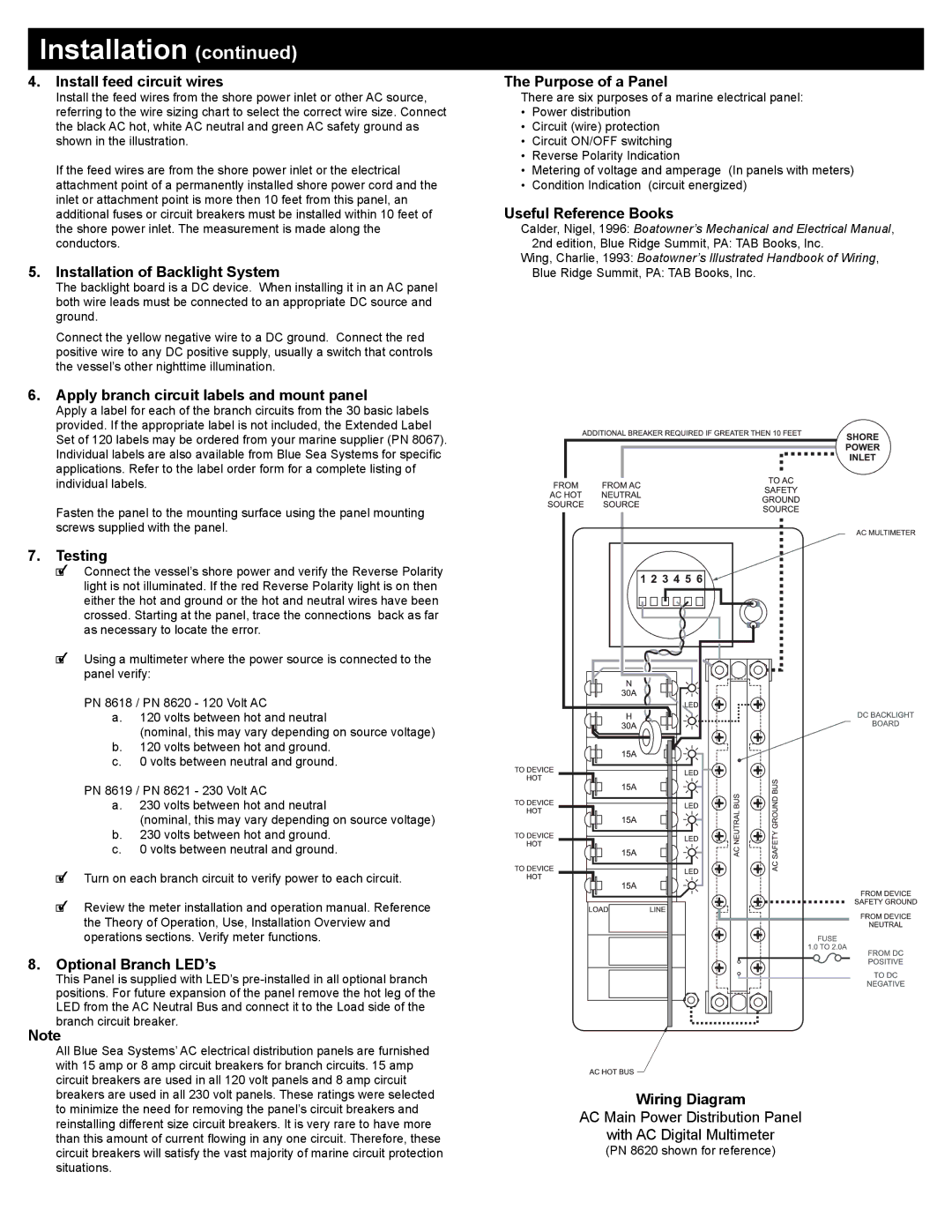 Blue Sea Systems PN 8621 Install feed circuit wires, Installation of Backlight System, Purpose of a Panel, Testing 