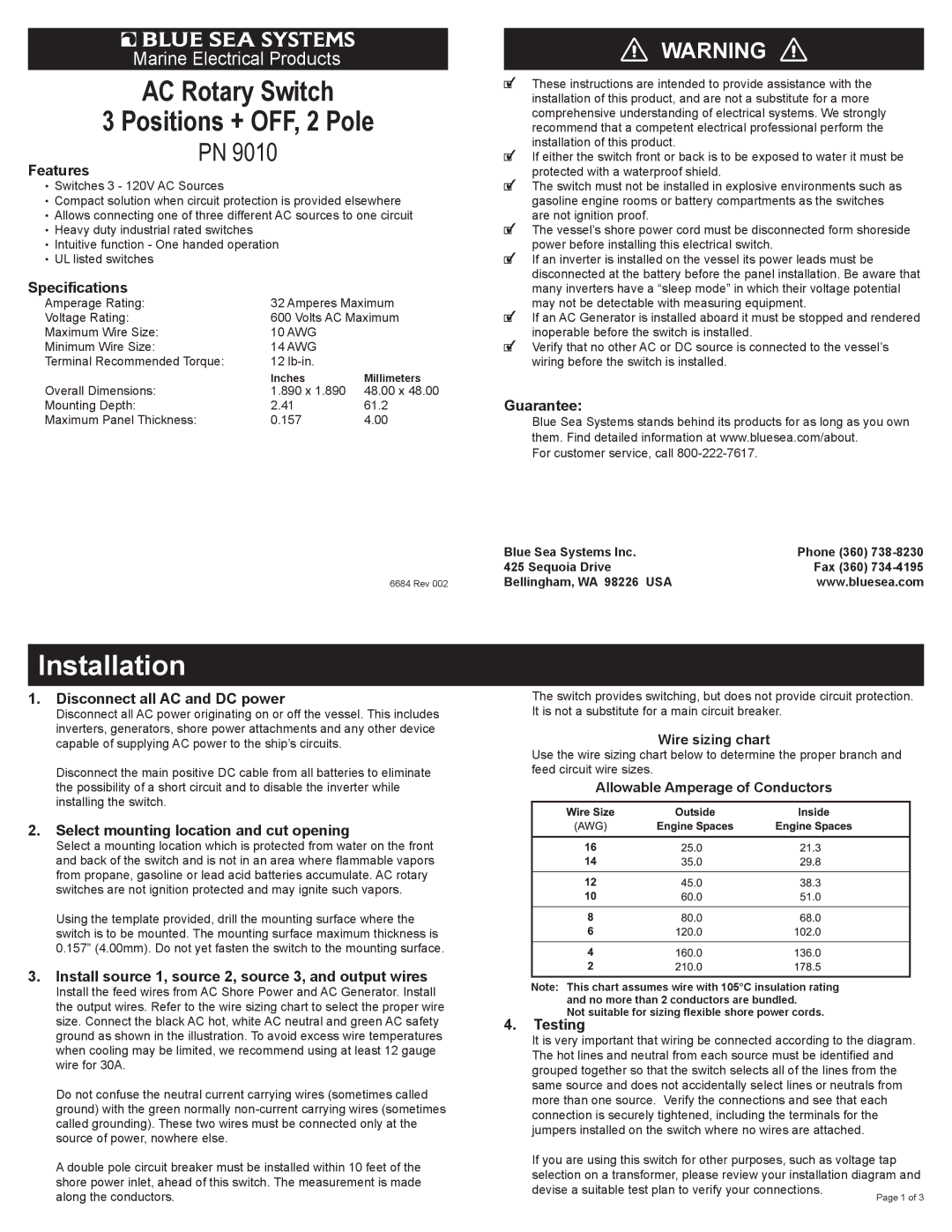 Blue Sea Systems PN 9010, PN9010 dimensions Features, Specifications, Disconnect all AC and DC power, Guarantee, Testing 