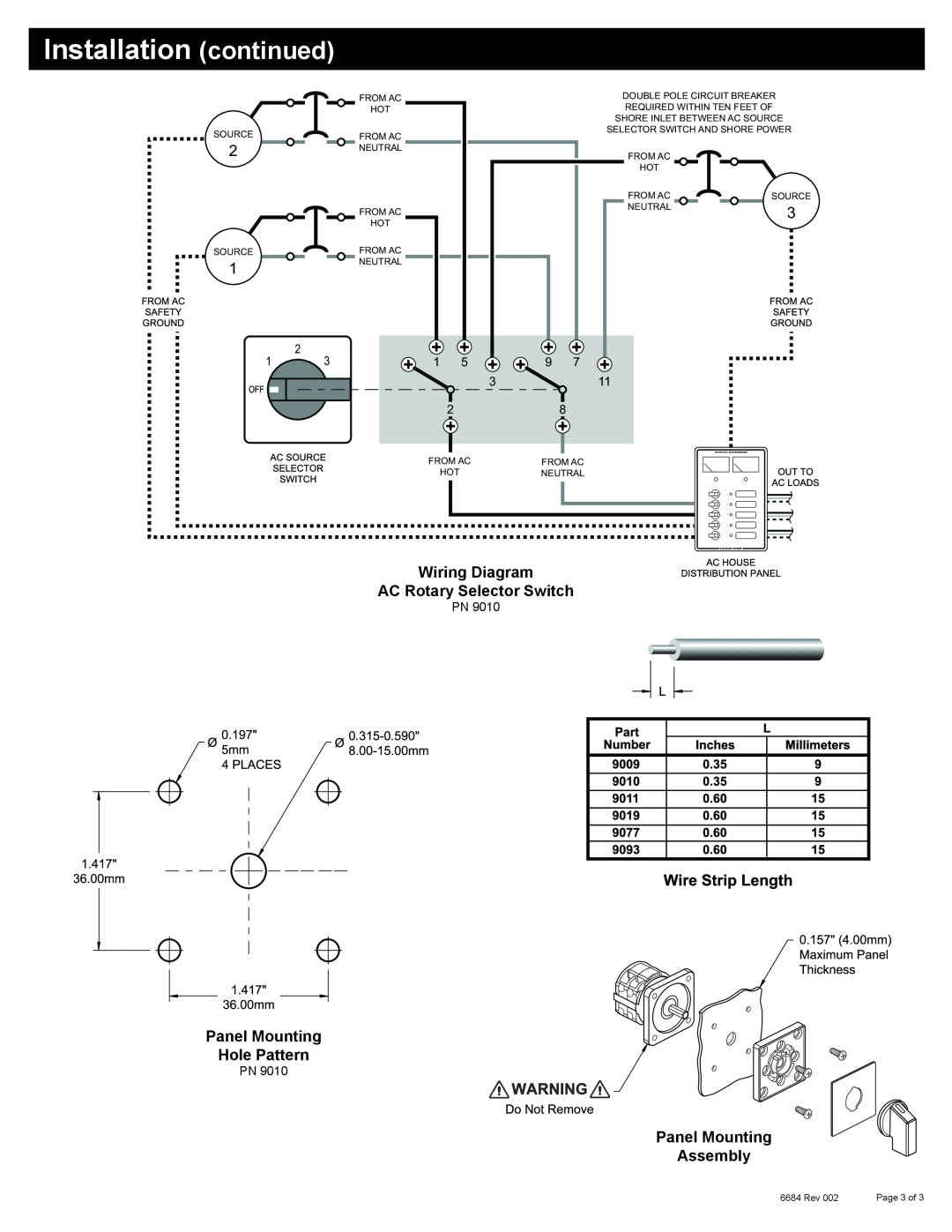Blue Sea Systems PN 9010 Wiring Diagram AC Rotary Selector Switch, Panel Mounting Hole Pattern, Panel Mounting Assembly 