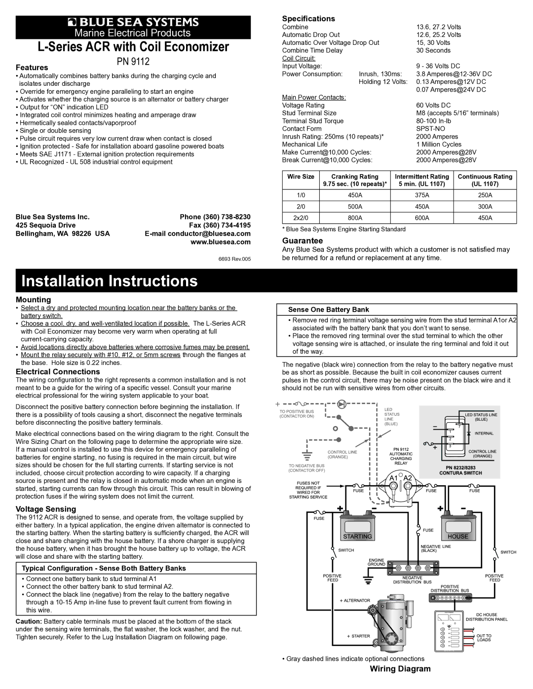 Blue Sea Systems PN9112 installation instructions Features, Mounting, Electrical Connections, Voltage Sensing 