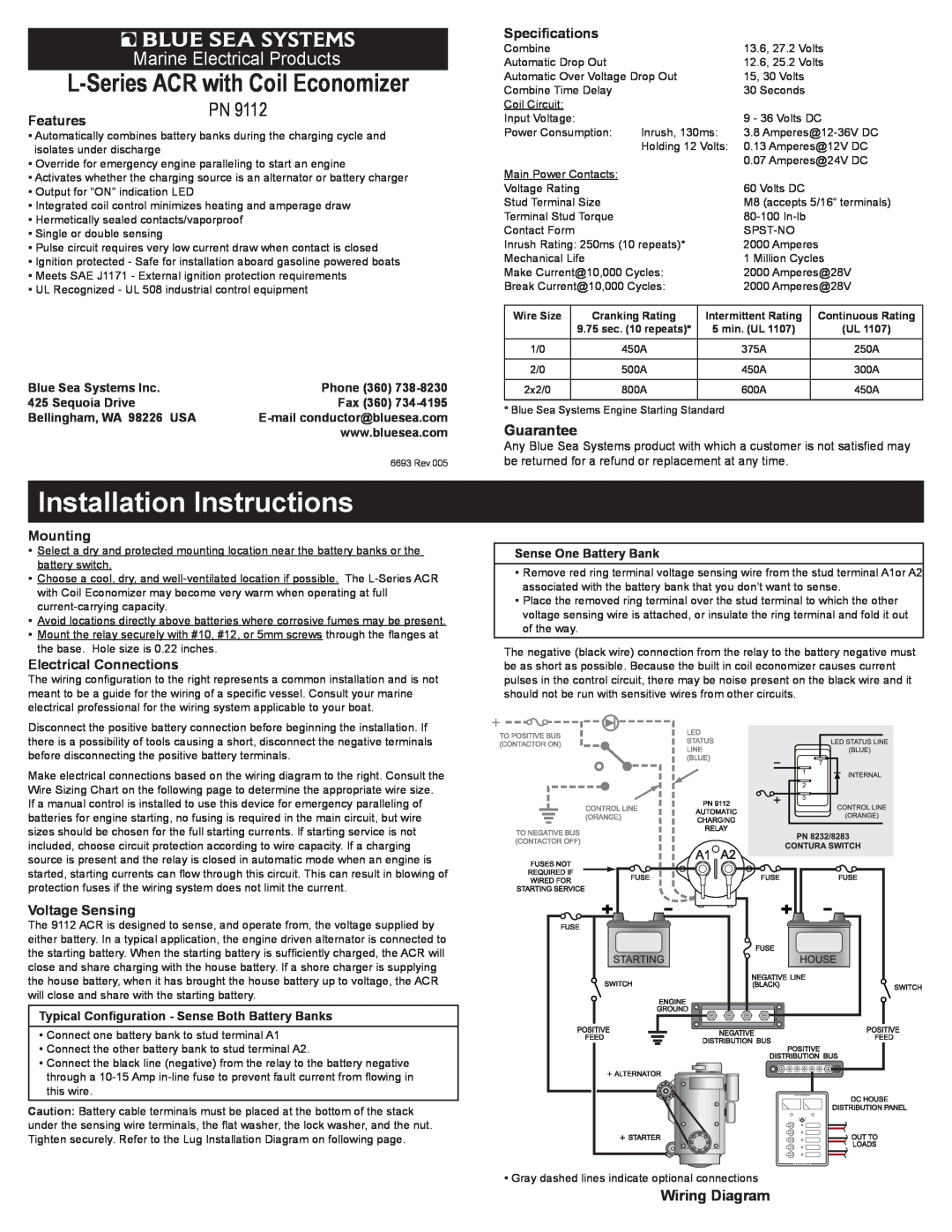 Blue Sea Systems PN9112 installation instructions Installation Instructions, Guarantee, Wiring Diagram, Features, Mounting 