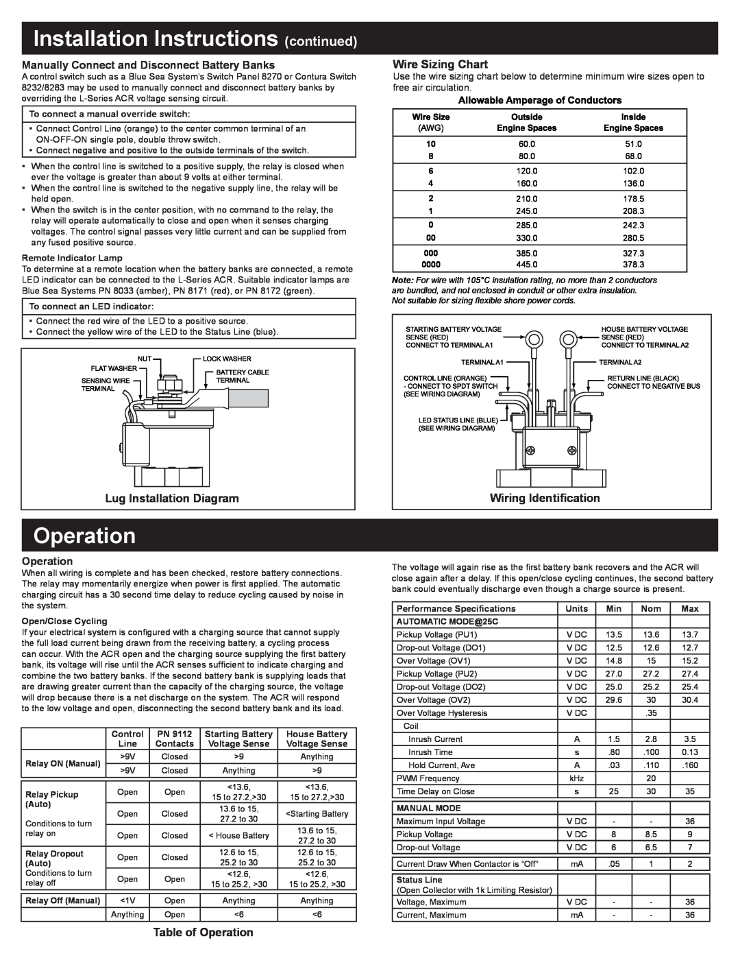 Blue Sea Systems PN9112 Installation Instructions continued, Operation, Lug Installation Diagram, Wire Sizing Chart 