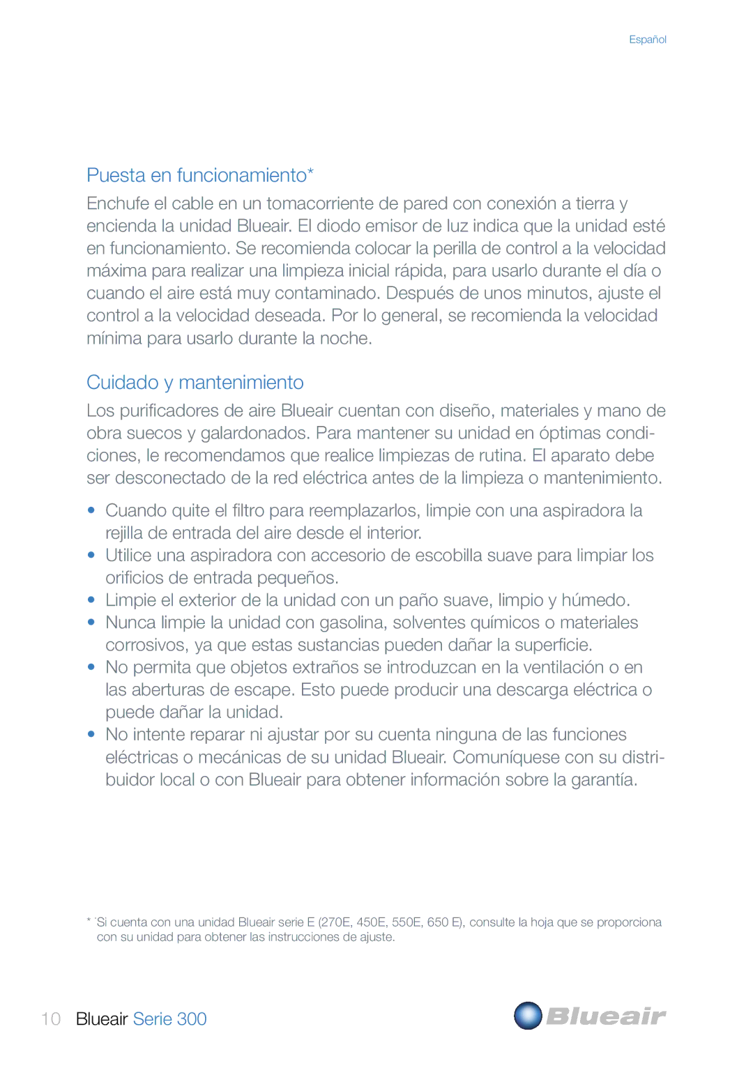 Blueair 300 user manual Puesta en funcionamiento, Cuidado y mantenimiento 