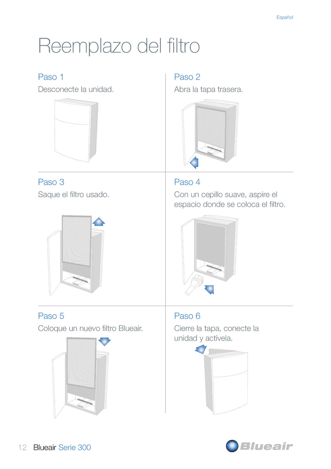 Blueair 300 user manual Reemplazo del filtro, Paso 