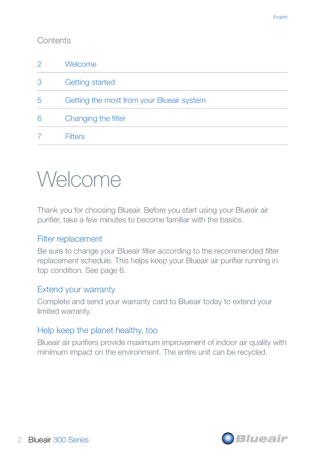 Blueair 300 user manual Welcome, Contents 