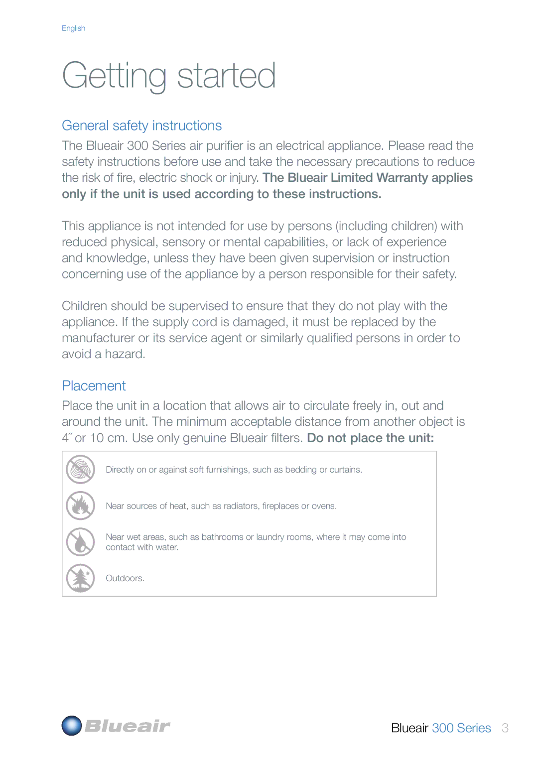 Blueair 300 user manual Getting started, General safety instructions, Placement 