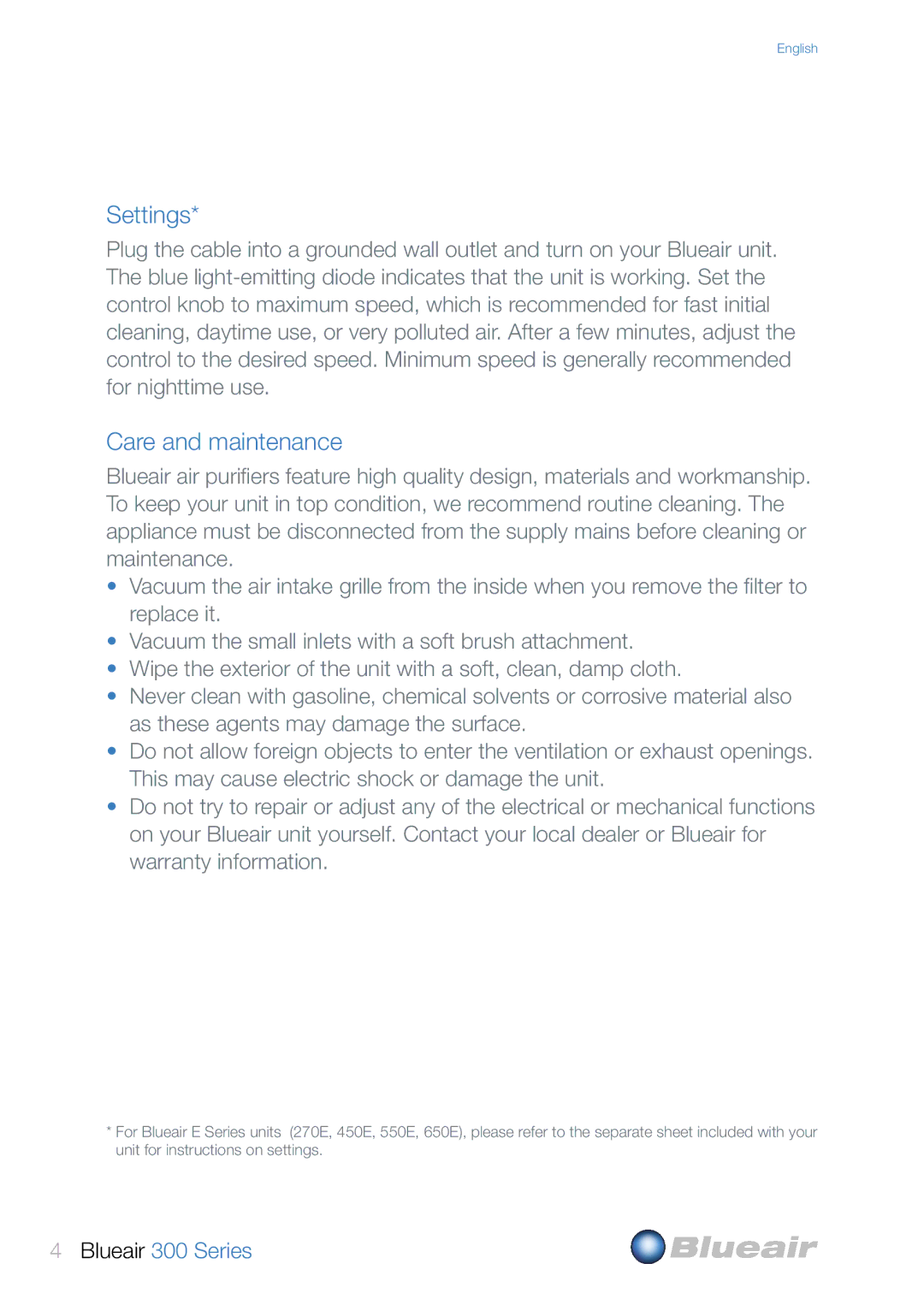 Blueair 300 user manual Settings, Care and maintenance 