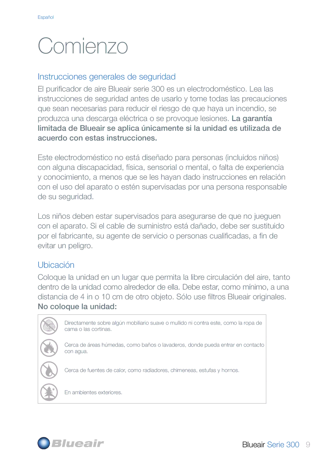 Blueair 300 user manual Comienzo, Instrucciones generales de seguridad, Ubicación 