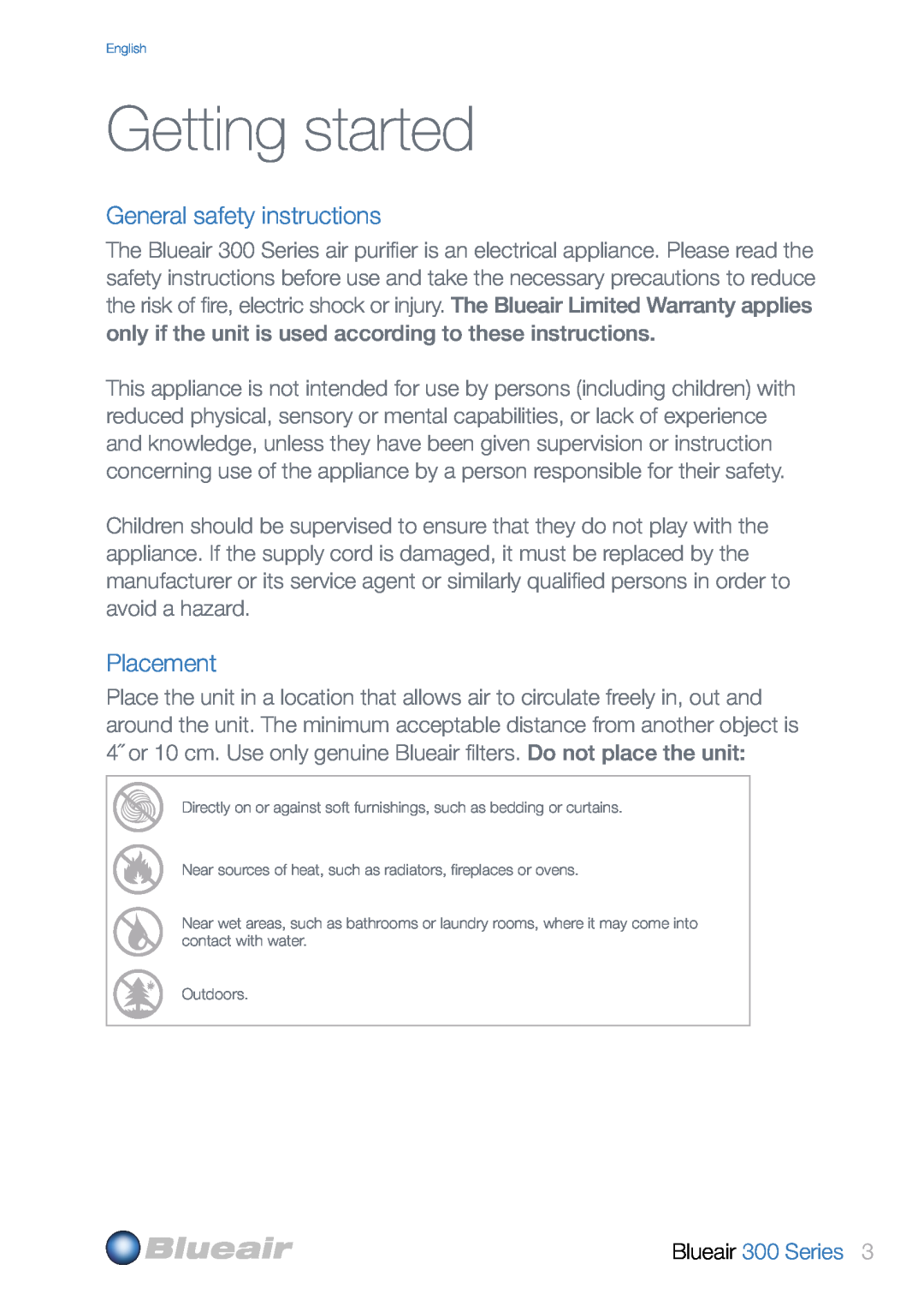 Blueair user manual Getting started, General safety instructions, Placement, Blueair 300 Series 