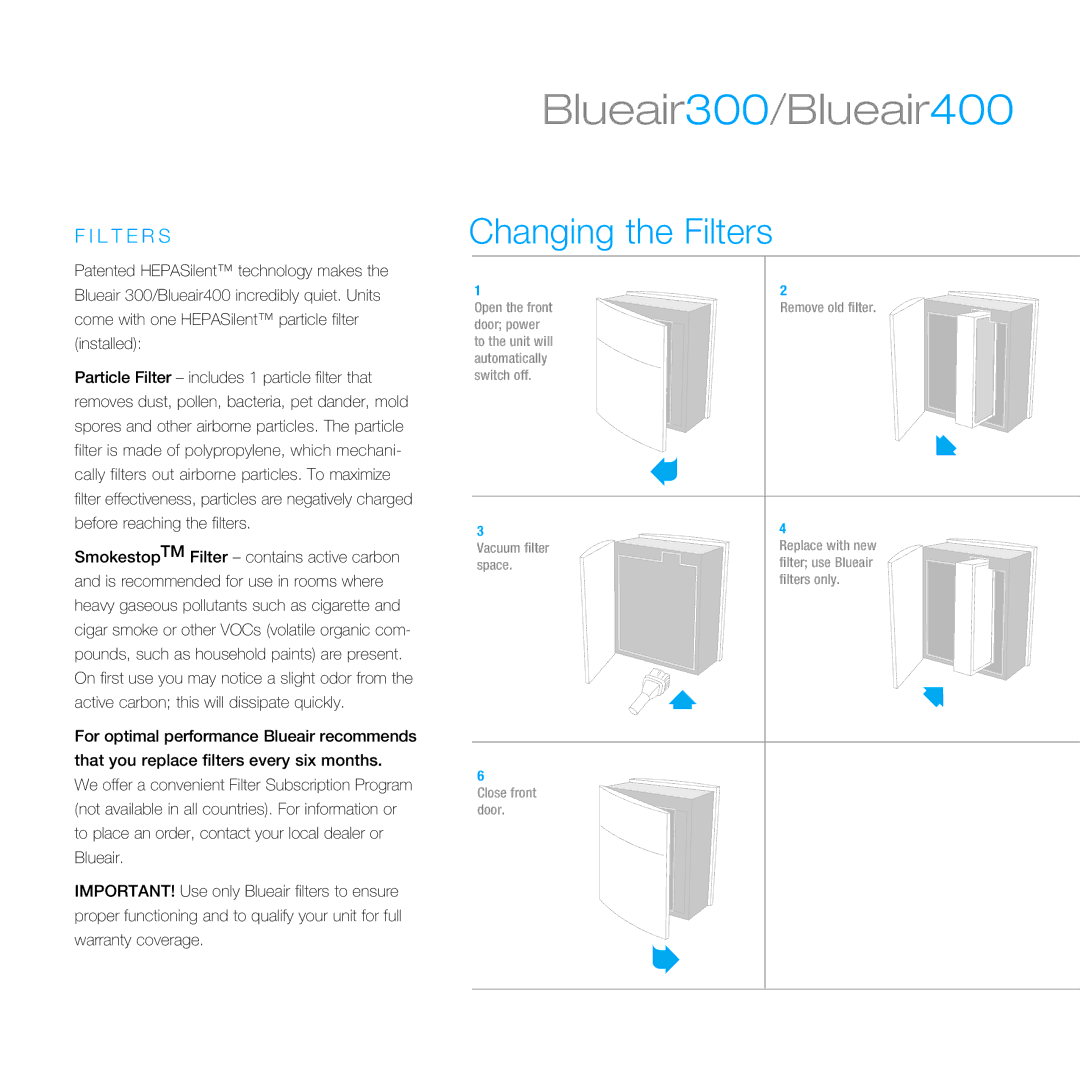 Blueair 400 manual Changing the Filters, L T E R S 