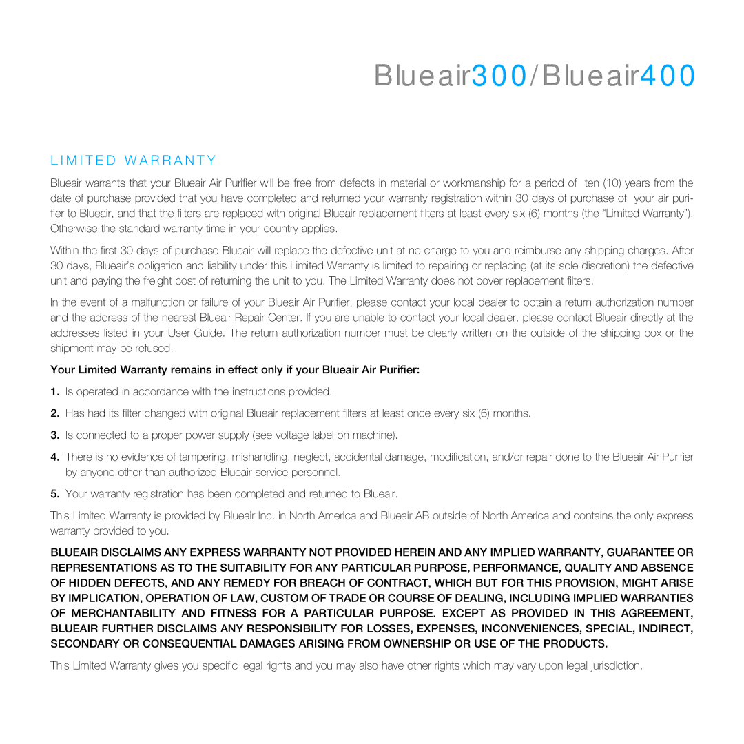 Blueair 400 manual M I T E D W a R R a N T Y 