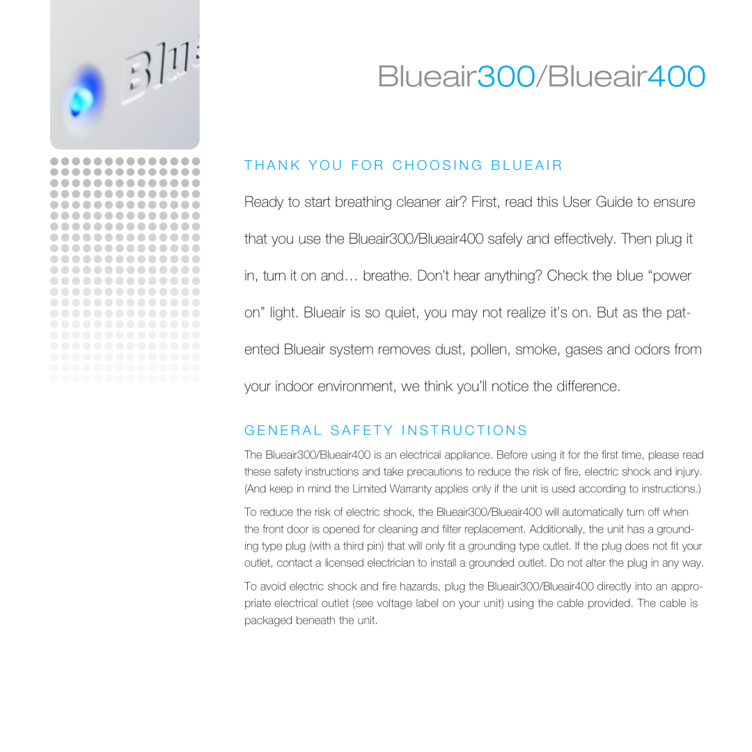 Blueair manual Blueair300/Blueair400, G e n e r a l S a f e t y I n s t r u c t i o n s 