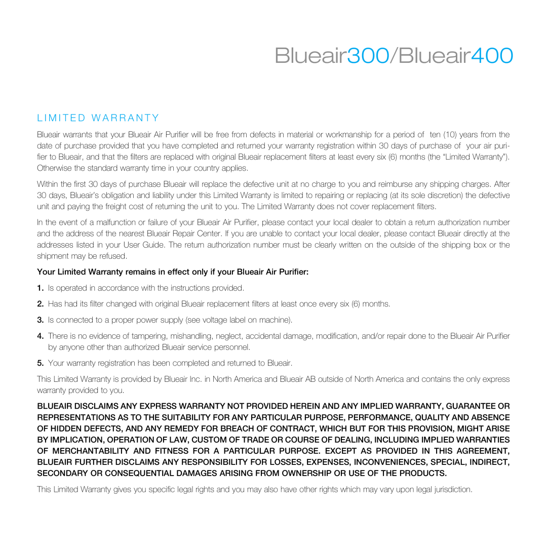 Blueair manual L I M I T E D W A R R A N T Y, Blueair300/Blueair400 