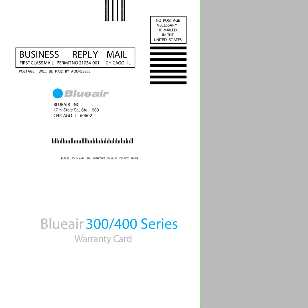 Blueair 400 manual 7ARRANTY #ARD, 53.%33. 2%0,99, LUEAIR 3ERIES, 0/34!% 7,, % 0!$ 9 !$$2%33%% 
