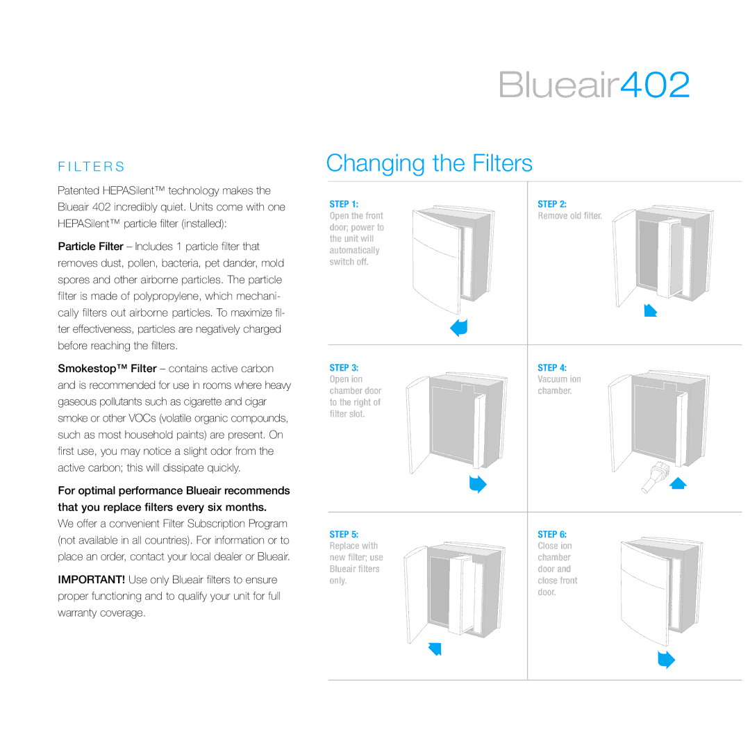 Blueair 402 manual Changing the Filters, L T E R S 