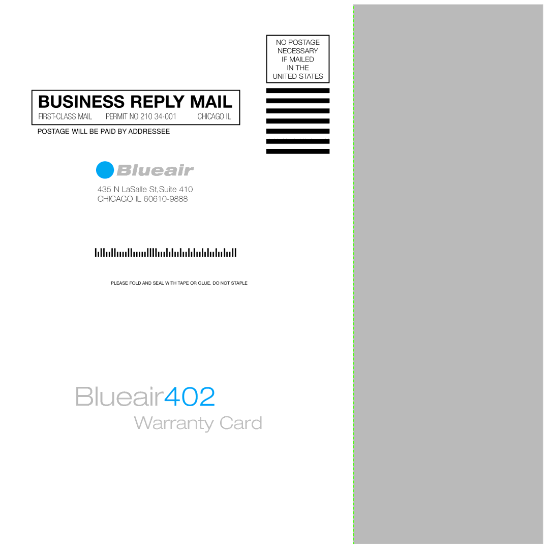 Blueair 402 manual Warranty Card 