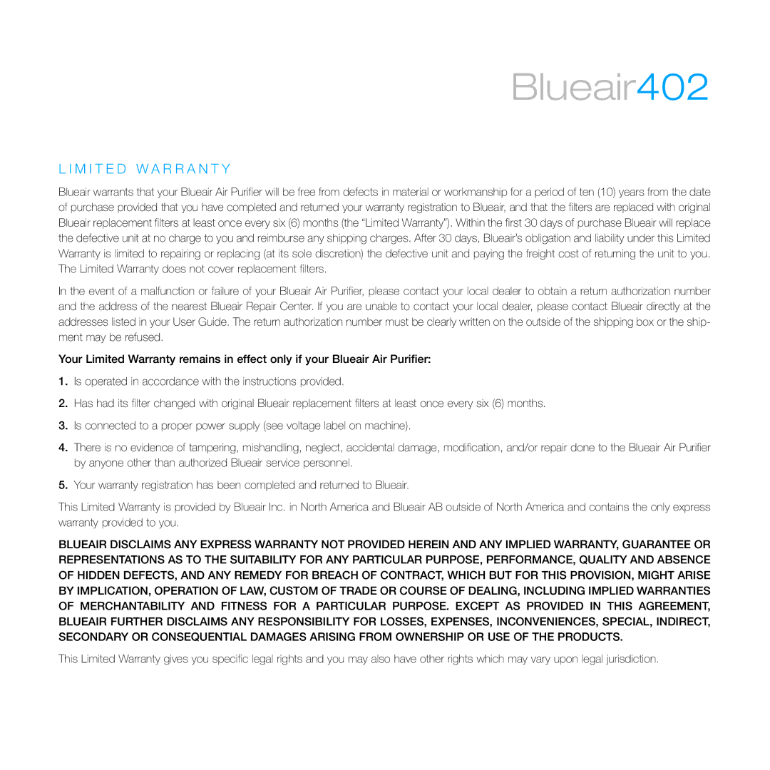 Blueair 402 manual M I T E D W a R R a N T Y 