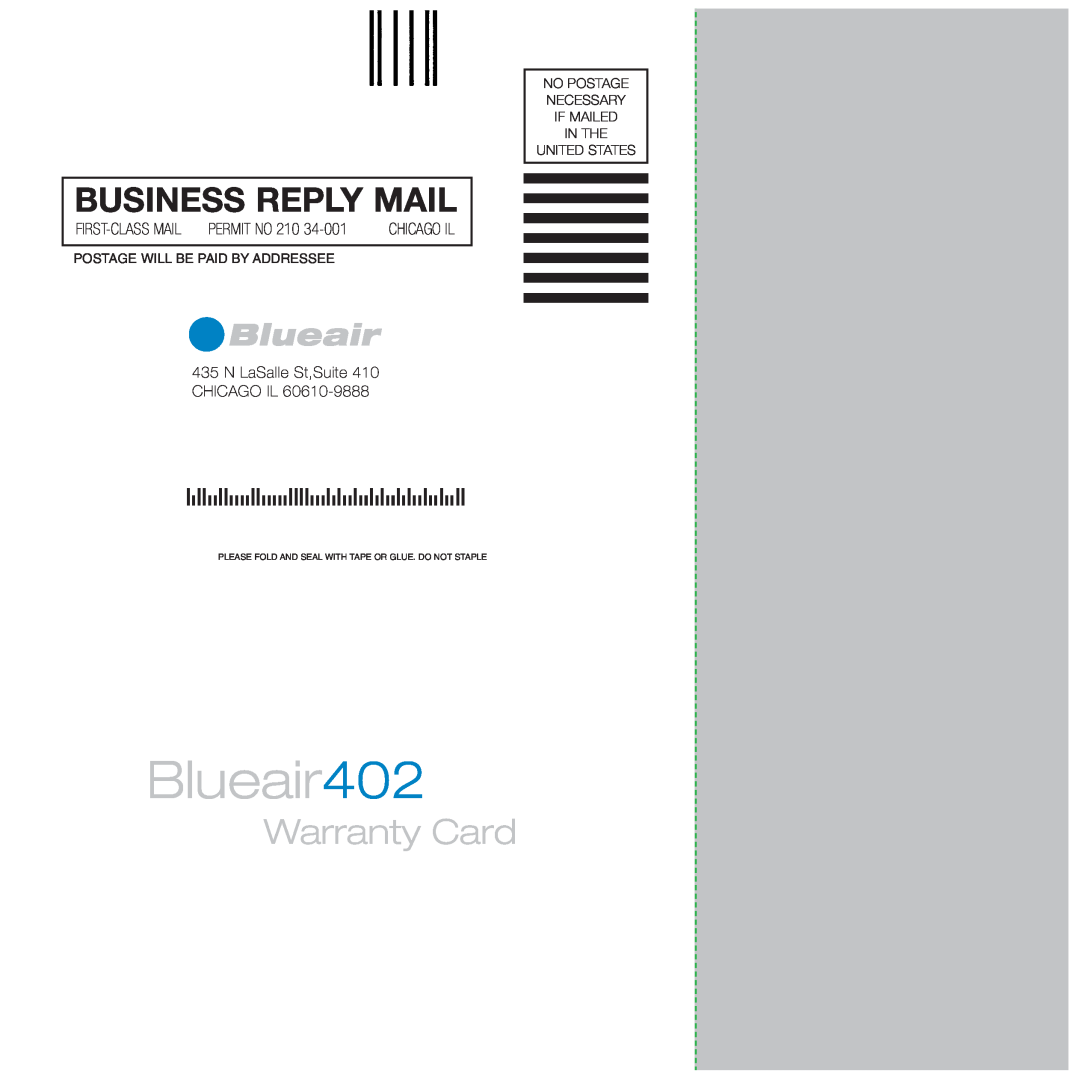 Blueair manual Blueair402, Warranty Card, Business Reply Mail, No Postage Necessary If Mailed In The, United States 