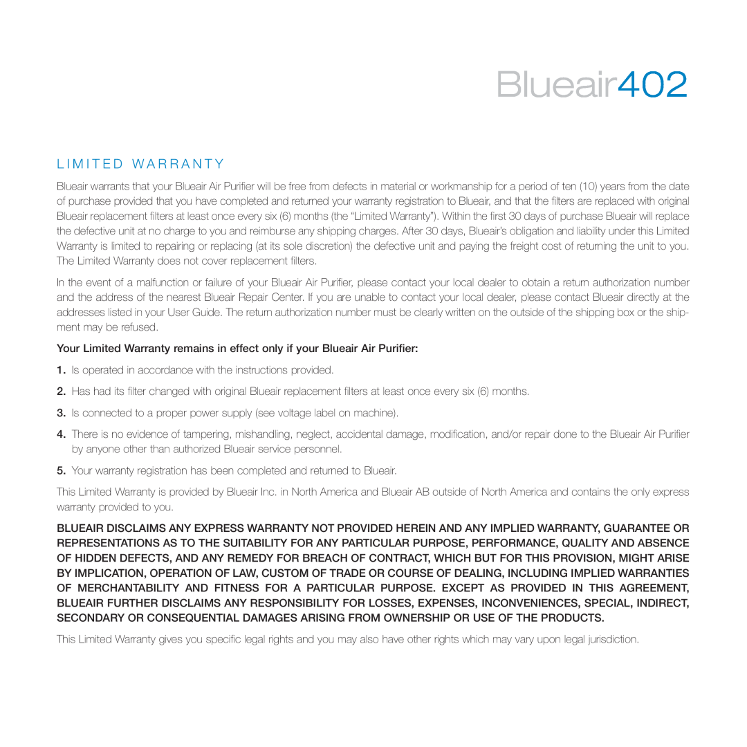 Blueair manual Blueair402, L I M I T E D W A R R A N T Y 