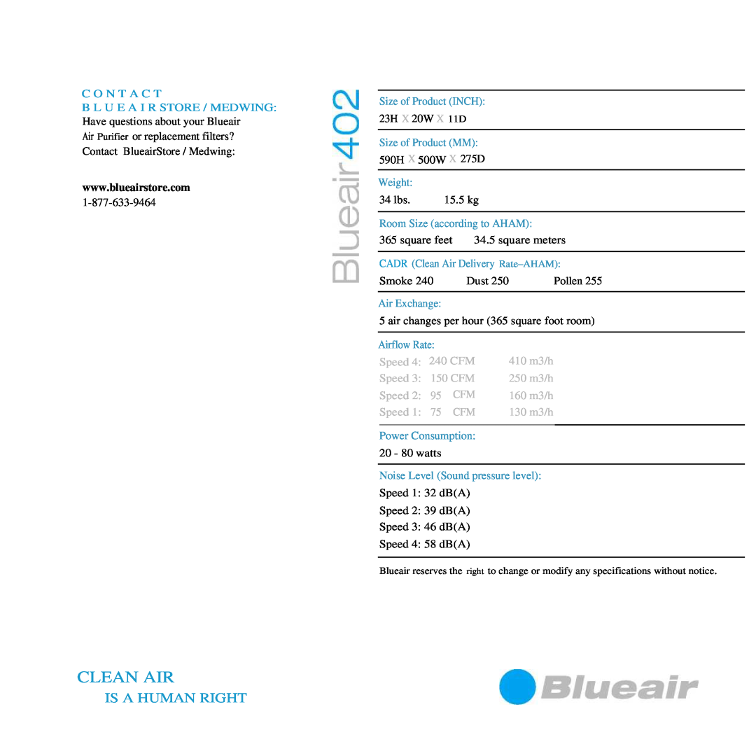 Blueair 402 Clean Air, Is A Human Right, C O N T A C T B L U E A I R Store / Medwing, Size of Product INCH, Weight, Speed 