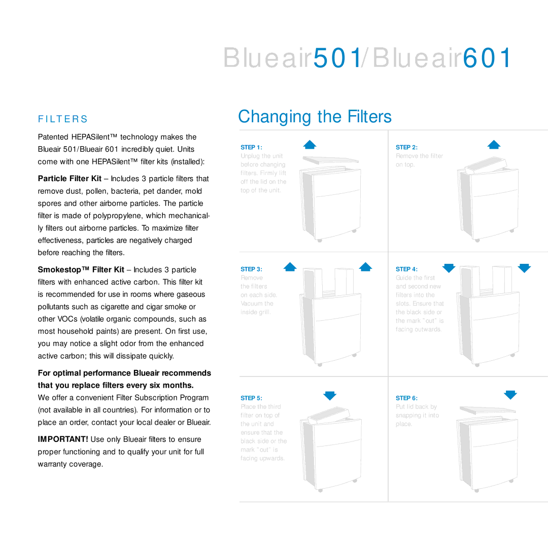 Blueair 501, 601 manual Changing the Filters, L T E R S 