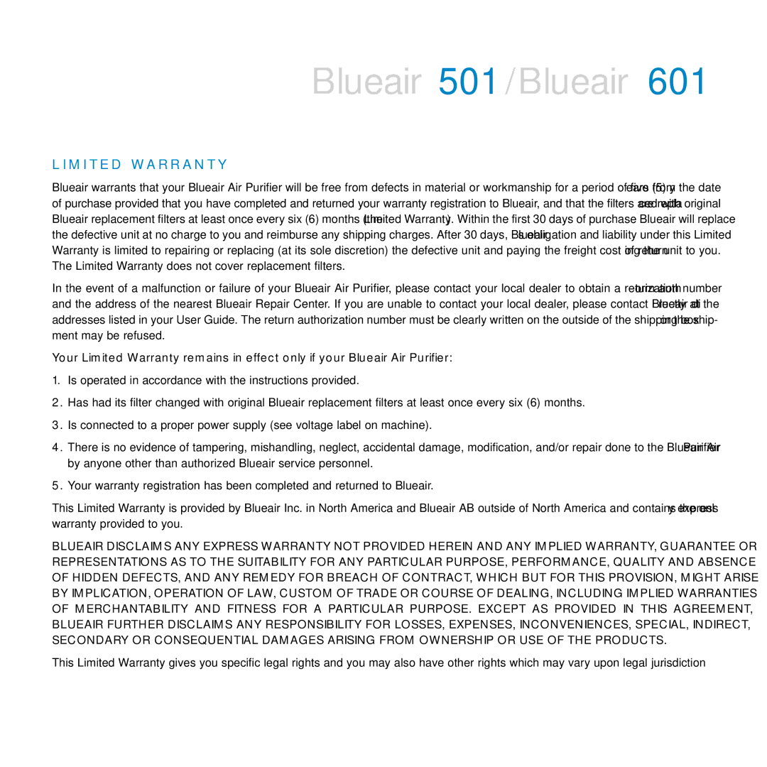 Blueair 601, 501 manual M I T E D W a R R a N T Y 