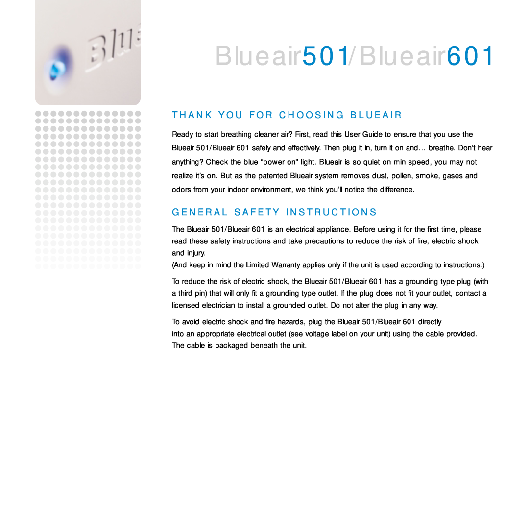 Blueair manual Blueair501/Blueair601, G E N E R A L S A F E T Y I N S T R U C T I O N S 