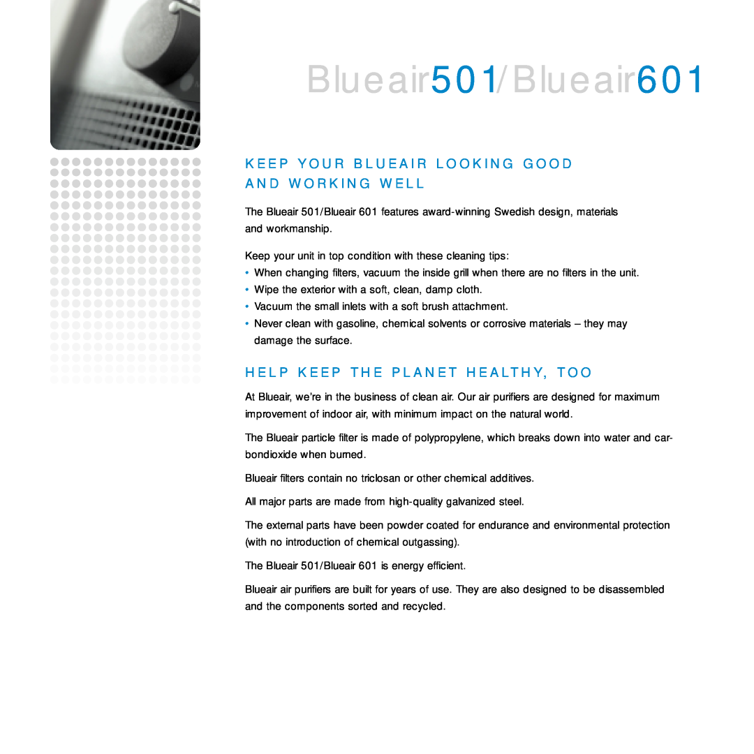 Blueair manual Blueair501/Blueair601, A N D W O R K I N G W E L L 